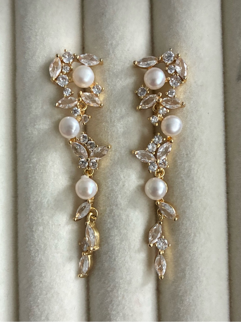 Freshwater Pearl Crystal Vine Long Drop Earrings | Silver Posts